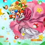 1girl :d blonde_hair blue_eyes crown dress earrings elbow_gloves fire_flower gloves jewelry long_dress long_hair midair mushroom nintendo open_mouth princess_peach sires_r_black smile solo super_mario_bros. super_mushroom |_|