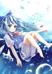  1girl barefoot bloomers blue_eyes blue_hair bow bubble cirno hair_bow highres ice ice_wings petals shirt short_sleeves skirt skirt_set solo soramuko touhou underwater underwear upskirt vest wings 