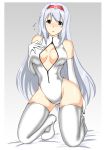  1girl blush boots breasts cleavage_cutout elbow_gloves front_zipper_swimsuit gloves hairband highres kantai_collection kneeling long_hair one-piece_swimsuit shoukaku_(kantai_collection) silver_hair solo swimsuit thigh-highs thigh_boots white_gloves white_legwear white_swimsuit 