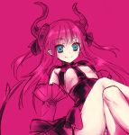  1girl asymmetrical_horns blue_eyes blush breasts crossed_legs detached_sleeves dress fate/extra fate/extra_ccc fate_(series) frills horns lancer_(fate/extra_ccc) long_hair panties pink pink_hair small_breasts smile solo striped striped_panties tail under_boob underwear utsugi_(skydream) 