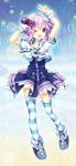  1girl choujigen_game_neptune dress hair_ornament highres looking_at_viewer narinn neptune_(choujigen_game_neptune) neptune_(series) one_eye_closed open_mouth short_hair solo striped striped_legwear thigh-highs v violet_eyes 