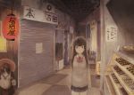  1girl :/ arms_at_sides black_hair bookstore bottle bow brown_eyes door food highres indoors lantern long_hair looking_at_viewer mirino original paper_lantern pipe restaurant sake_bottle scenery school_uniform shop sign solo storefront sweater tanuki yakitori 