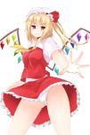  1girl ascot blonde_hair blush breasts flandre_scarlet hat highres older outstretched_arm outstretched_hand panties red_eyes short_hair side_ponytail skirt smile solo surota touhou underwear white_panties wings 