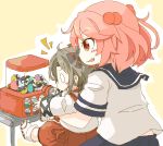  0_0 2girls brown_hair child fang hachimaki hair_bobbles hair_ornament headband kantai_collection long_sleeves multiple_girls open_mouth pink_hair red_eyes sazanami_(kantai_collection) school_uniform serafuku short_hair skirt tamutamu-t younger zuihou_(kantai_collection) 