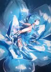  1girl adapted_costume alternate_costume blue_dress blue_eyes blue_hair blurry bow cirno dress fairy flower hair_bow hair_ornament ice ice_wings kaatoso kneeling looking_at_viewer shirt short_hair sleeveless solo touhou vest wings 
