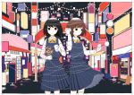  2girls black_hair brown_hair cellphone city city_lights dress flower holding holding_flower holding_phone jewelry moth multiple_girls necklace odori_(super_normal) original phone short_hair sign smartphone standing string_phone tied_up trash_can white_border 