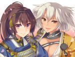  2girls brown_eyes brown_hair cherry_blossoms chihiro4649 cosplay crossover fang fangs hair_ornament japanese_clothes kantai_collection kogitsunemaru kogitsunemaru_(cosplay) mikazuki_munechika mikazuki_munechika_(cosplay) multiple_girls musashi_(kantai_collection) ponytail smile touken_ranbu violet_eyes white_hair yamato_(kantai_collection) 