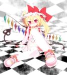  1girl blonde_hair blush casual checkered checkered_background flandre_scarlet hat highres hoodie laevatein panties pink_skirt red_eyes short_hair side_ponytail skirt smile solo thigh-highs touhou underwear white_legwear white_panties wings yassy 