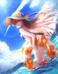  1girl ass bikini brown_hair clouds dutch_angle dxy hat highres innertube lens_flare long_hair looking_back makise_kurisu open_mouth side-tie_bikini signature sky solo steins;gate sun sun_hat swimsuit violet_eyes wading water 