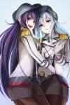  2girls akatsuki_(kantai_collection) blue_hair cosplay epaulettes gloves hat hibiki_(kantai_collection) highres hopper kantai_collection katori_(kantai_collection) katori_(kantai_collection)_(cosplay) looking_at_viewer multiple_girls open_mouth pantyhose purple_hair riding_crop silver_hair skirt smile violet_eyes white_gloves 