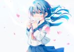  1girl blue_eyes blue_hair blush character_request copyright_request heart letter long_hair love_letter oshio_(dayo) petals pleated_skirt school_uniform serafuku skirt solo twintails wind 