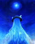  1girl blue_hair blue_skirt finale_inoue from_behind full_moon hat highres hinanawi_tenshi long_hair long_skirt moon moonlight night night_sky oil_painting_(medium) shirt skirt sky solo touhou traditional_media white_shirt 