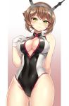  1girl alternate_costume blush breasts brown_hair cleavage cleavage_cutout front_zipper_swimsuit gloves green_eyes headgear kantai_collection kase_daiki large_breasts looking_at_viewer mutsu_(kantai_collection) one-piece_swimsuit short_hair simple_background smile solo swimsuit unzipped zipper 