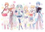  2boys 4girls ahoge belt blonde_hair blue_hair boots brown_hair closed_eyes cross-laced_footwear green_eyes green_hair grin hair_ornament hair_ribbon hairclip hatsune_miku headset inko_(mini) instrument kagamine_len kagamine_rin kaito lace-up_boots long_hair megurine_luka meiko midriff multiple_boys multiple_girls musical_note navel necktie one_eye_closed open_mouth pink_hair playing_instrument ribbon short_hair shorts skirt smile tattoo thigh-highs thigh_boots trumpet twintails very_long_hair vocaloid white_background 