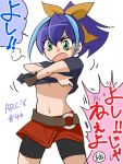    1girl belt bike_shorts blue_hair bow green_eyes hair_bow midriff multicolored_hair navel null2deoru ponytail serena_(yuu-gi-ou_arc-v) single_glove skirt solo taking_off two-tone_hair undressing yuu-gi-ou yuu-gi-ou_arc-v 