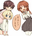  blonde_hair blue_eyes brown_eyes brown_hair erica_hartmann gertrud_barkhorn kodamari long_hair minna-dietlinde_wilcke orange_eyes orange_hair ribbon short_hair sketch skirt strike_witches translation_request younger 