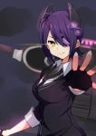 1girl black_gloves cardigan eyepatch fingerless_gloves gloves glowing glowing_eyes headgear kantai_collection looking_at_viewer machinery necktie outstretched_hand purple_hair school_uniform short_hair sleeves_rolled_up smoke solo tenryuu_(kantai_collection) upper_body yellow_eyes yukichi_(eikichi) 