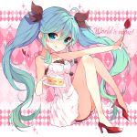  1girl :q ahoge aqua_hair bare_legs blue_eyes blush cake dress food fork fruit gradient_hair hair_ribbon hatsune_miku heart high_heels highres holding_fork holding_plate ikari_(aor3507) long_hair looking_at_viewer multicolored_hair ribbon solo song_name sparkle strawberry thigh-highs tongue tongue_out twintails very_long_hair vocaloid white_dress world_is_mine_(vocaloid) 