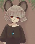 1girl alternate_costume animal_ears grey_hair iris_anemone jewelry looking_at_viewer mouse_ears nazrin necklace red_eyes shirt short_hair short_sleeves simple_background smile solo touhou 