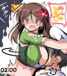  1boy 1girl amagi_(kantai_collection) black_hair breast_smother breasts brown_eyes brown_hair crop_top hair_ornament hairclip hat hug kantai_collection large_breasts mole navel open_clothes open_mouth open_shirt scared tears timestamp tsuzuri_(tuzuri) upper_body 