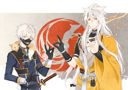  2boys black_gloves fox fox_shadow_puppet gloves japanese_clothes kogitsunemaru male_focus mask mibu_(1064493753) military military_uniform multiple_boys nakigitsune nakigitsune&#039;s_fox necktie red_eyes silver_hair smile touken_ranbu uniform wide_sleeves yellow_eyes 