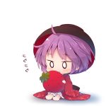  1girl beni_shake bowl chibi eating food fruit hat japanese_clothes kimono long_sleeves minigirl o_o purple_hair sitting solo strawberry sukuna_shinmyoumaru touhou wide_sleeves 