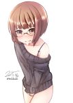 1girl blush brown_eyes brown_hair crying crying_with_eyes_open glasses highres kantai_collection nekobaka off_shoulder ribbed_sweater short_hair solo sweater tears 