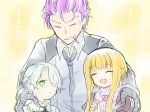  1girl 2boys blonde_hair cigarette closed_eyes ears green_eyes green_hair hair_over_one_eye hinata_(echoloveloli) hug hug_from_behind kerkan kia_(sekien_no_inganock) laughing lemure_lemure looking_at_another looking_up multiple_boys necktie open_mouth purple_hair sekien_no_inganock short_hair short_hair_with_long_locks sketch smile steampunk_(liarsoft) yellow_background 