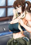  1girl armpits blue_eyes bol_(liliymimi) breasts brown_hair cleavage highres hot large_breasts looking_at_viewer midriff navel parted_lips ponytail short_hair solo sweat sweating toned towel wet wiping_sweat 