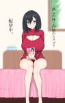  1girl black_hair blue_eyes breasts cleavage cover cover_page doujin_cover huge_breasts legs libre open-chest_sweater ribbed_sweater short_hair sitting solo sweater thighs translation_request 