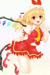  1girl ascot blonde_hair blush flandre_scarlet hat highres laevatein looking_at_viewer mary_janes open_mouth red_eyes shiron_(e1na1e2lu2ne3ru3) shoes short_hair side_ponytail skirt smile solo thigh-highs touhou white_legwear wings 
