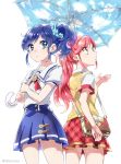  2girls aikatsu! artist_name back-to-back bag blue_eyes blue_hair clenched_hand cover cover_page doujin_cover handbag holding_umbrella kiriya_aoi looking_at_viewer multiple_girls open_hand otoshiro_seira payot pink_hair ponytail school_uniform scrunchie shinoasa side_ponytail simple_background skirt standing textless twitter_username umbrella white_background yellow_eyes yellow_shirt 