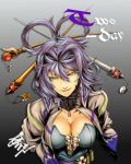  1girl aqua_dress arikanrobo breasts cleavage dress hair_ornament hair_rings hair_stick kaku_seiga large_breasts looking_at_viewer marker_(medium) open_clothes open_mouth open_vest purple_hair sash smile solo touhou traditional_media vest yellow_eyes 