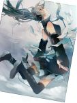  1girl aqua_eyes aqua_hair argyle argyle_legwear bare_shoulders black_legwear boots detached_sleeves from_side glycan hatsune_miku headphones highres looking_up microphone_stand midair necktie skirt solo thigh-highs thigh_boots torn_clothes twintails vocaloid wind 