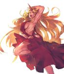  1girl arm_up armpits blonde_hair breasts commentary_request dancing dress horn hoshiguma_yuugi large_breasts long_hair muscle no_bra open_mouth red_dress red_eyes sideboob solo standing_on_one_leg temmasa22 touhou very_long_hair 