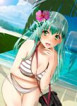  1girl bikini breasts cleavage flower green_eyes green_hair hair_ornament hairclip highres kantai_collection midriff navel open_mouth solo suzuya_(kantai_collection) swimsuit weavehabit 