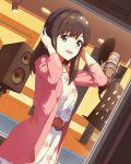  1girl blue_eyes brown_hair dress dutch_angle headphones long_hair looking_at_viewer microphone official_art open_mouth recording shimada_mayu solo wake_up_girls! wake_up_girls!_stage_no_tenshi 