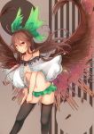  1girl alternate_costume bare_shoulders black_legwear blush bow breasts brown_hair brown_wings cape collarbone feathers hair_bow highres hinauri_(nurupon) hips jewelry knees legs long_hair miniskirt navel no_shirt pendant red_eyes reiuji_utsuho revealing_clothes ribbon skirt smile solo space stomach thigh-highs thighhighs_pull thighs touhou under_boob wings 
