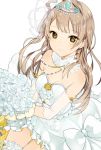  1girl bare_shoulders bouquet bow breasts bride brown_hair cleavage crown detached_sleeves dress flower frills hair_bow hair_ornament jewelry long_hair looking_at_viewer love_live!_school_idol_project lp_(hamasa00) minami_kotori side_ponytail skirt smile solo thigh-highs wedding_dress white_legwear yellow_eyes 