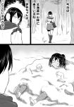  2girls bifidus blush comic commentary earmuffs hyuuga_(kantai_collection) ise_(kantai_collection) kantai_collection looking_back monochrome multiple_girls ribbon-trimmed_sleeves ribbon_trim scarf snot snow translated 
