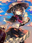  1girl bag black_hair blue_eyes bow capelet cha_goma gloves hat hat_bow highres open_mouth sash solo touhou usami_renko 