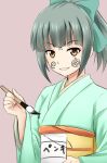  1girl bow brush fuuma_nagi hair_bow japanese_clothes kantai_collection kimono short_hair simple_background solo yuubari_(kantai_collection) 