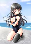  1girl black_hair breasts chize cleavage front_zipper_swimsuit isokaze_(kantai_collection) kantai_collection long_hair one-piece_swimsuit red_eyes school_uniform serafuku solo swimsuit 