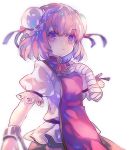  1girl bandaged_arm bandages bow bun_cover cha_goma chain cuffs double_bun flower hair_bun highres ibaraki_kasen looking_at_viewer open_mouth pink_eyes pink_hair puffy_sleeves rose shirt short_hair short_sleeves simple_background skirt solo tabard touhou white_background 