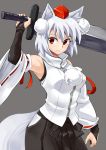  1girl abe_ranzu animal_ears breasts bridal_gauntlets detached_sleeves hat inubashiri_momiji looking_at_viewer red_eyes silver_hair simple_background skirt solo sword tail tokin_hat touhou weapon wolf_ears wolf_tail 