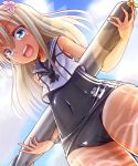  1girl blonde_hair blue_eyes crop_top dutch_angle flower hair_flower hair_ornament highres kantai_collection kurobuchi_kintobi long_hair ro-500_(kantai_collection) sailor_collar school_swimsuit swimsuit swimsuit_under_clothes tan tanline torpedo 