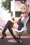  1boy arm_garter bare_shoulders black_legwear blonde_hair boots casual contemporary crossed_legs hair_ribbon hairband high_heel_boots high_heels inuhasiru kantai_collection long_hair looking_at_viewer one_side_up payot ribbon shorts sitting smile solo thighhighs trap 