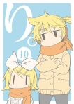  1boy 1girl blonde_hair bow chibi crossed_arms earmuffs hair_bow hair_ornament hairclip kagamine_len kagamine_rin linco ponytail scarf siblings sweater twins vocaloid |_| 