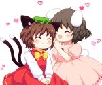  2girls ^_^ animal_ears bebeneko bow brown_hair bunny_tail carrot cat_ears cat_tail chen closed_eyes closed_mouth dress green_hat hat heart inaba_tewi long_sleeves mob_cap multiple_girls multiple_tails nekomata open_mouth pink_dress rabbit_ears red_dress short_hair short_sleeves simple_background smile tail touhou two_tails white_background yellow_bow 