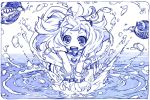  1girl :d dress floating_fortress_(kantai_collection) horns kantai_collection long_hair looking_at_viewer mittens northern_ocean_hime open_mouth sakino_shingetsu sketch smile water white_dress white_hair white_skin 